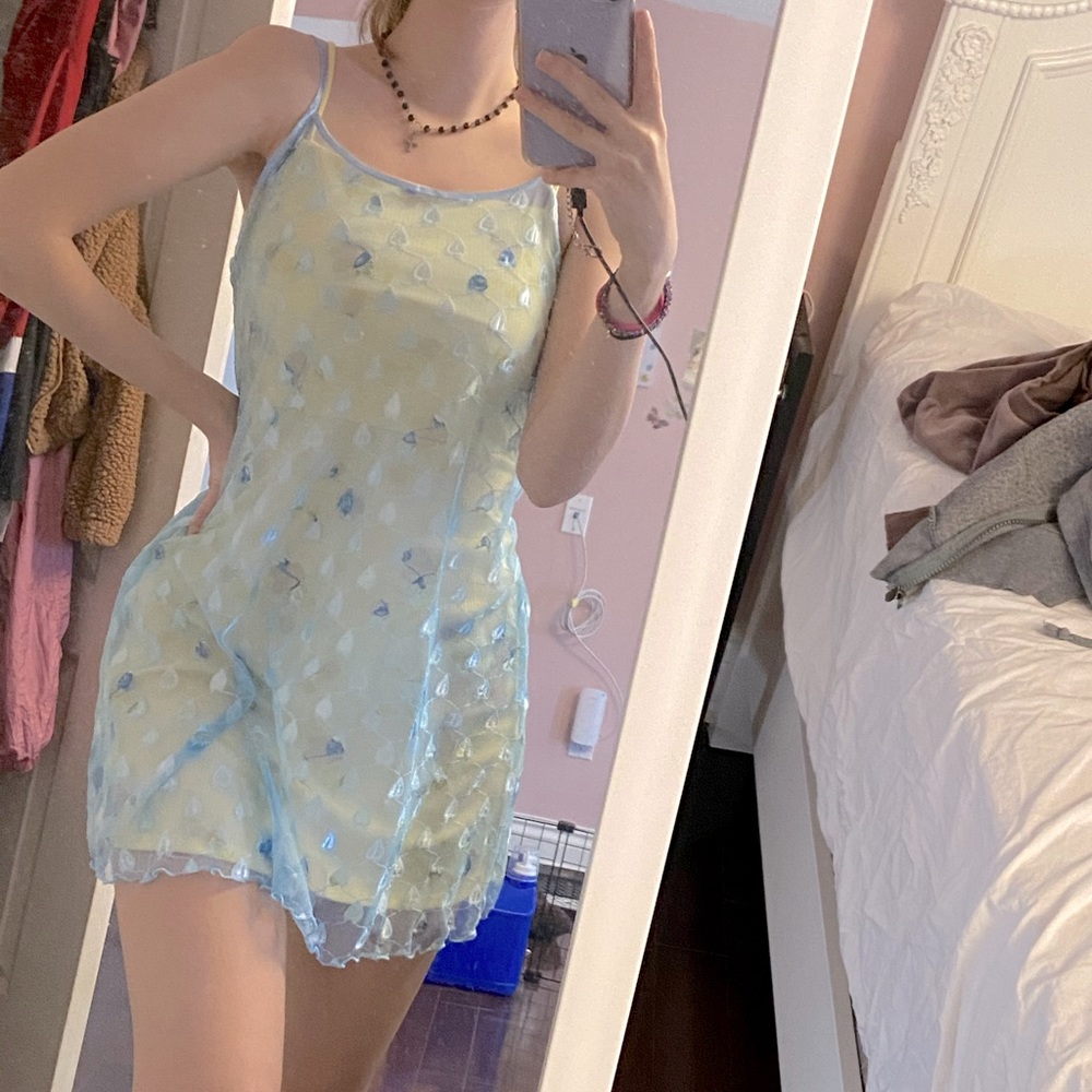 amazing rare blue lace mesh slip dress!